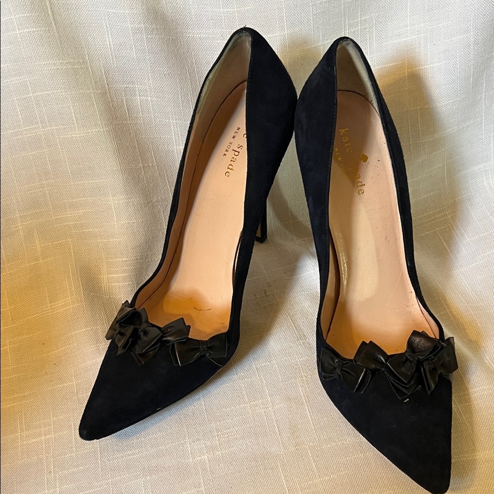 Kate Spade Navy Suede Heels with Bow Accent